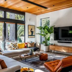 Salon lumineux au style mid century modern, avec canapé blanc, fauteuils orange, meuble TV en bois et grande baie vitrée donnant sur la nature.