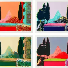 Quatre sérigraphies d'Andy Warhol, représentant un paysage stylisé avec des cyprès, des montagnes et une main tenant un drap, dans des palettes de couleurs vives et contrastées.