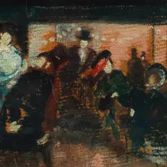 Peinture impressionniste de plusieurs personnes dans un salon, avec des touches de bleu et de rouge.