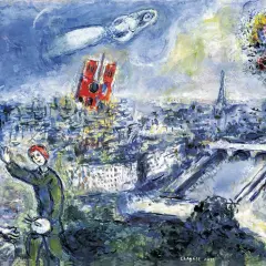 Une peinture de Chagall : Paris vu du ciel, avec Notre-Dame, la Tour Eiffel, un taureau rouge et un personnage flottant.