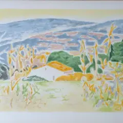 Paysage pastel de Jules Cavaillès avec une maison au toit orange, des collines bleues et des herbes hautes dorées.
