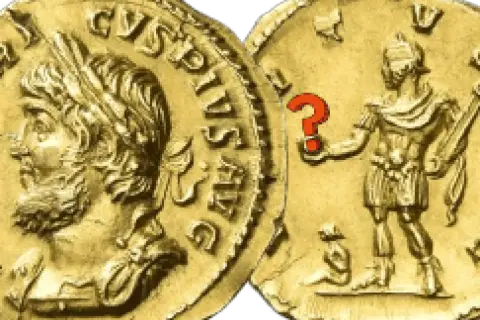 Deux pièces d'or antiques, l'une avec un profil impérial, l'autre avec une figure debout et un point d'interrogation rouge. Un meuble boule ?