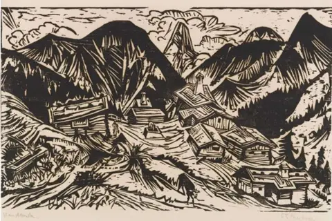 Paysage montagneux avec des chalets, dans le style de **Paul Klee**. L'œuvre évoque une scène alpine avec des formes stylisées et un contraste marqué entre noir et blanc.