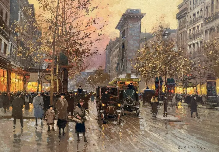Scène parisienne animée, peinte par Édouard Cortes. Voitures anciennes, tramway et passants sous un ciel crépusculaire.