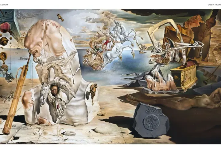 Une scène surréaliste de l'oeuvre Dali, avec des figures déformées, des objets flottants et un paysage onirique.