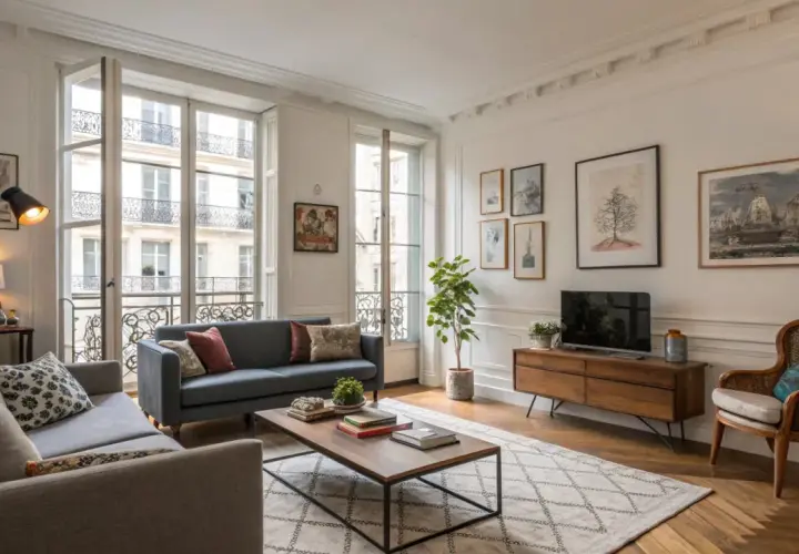 Un salon parisien avec un **mixer moderne et ancien** : canapés confortables, parquet, grandes fenêtres et décoration murale éclectique.
