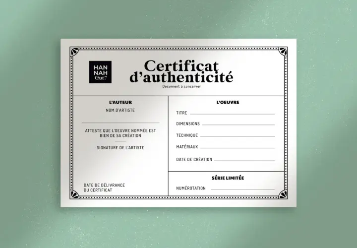 Certificat d'authenticité tableau, attestant de la création originale d'une œuvre d'art. Il détaille l'auteur, l'œuvre, ses caractéristiques et sa numérotation.