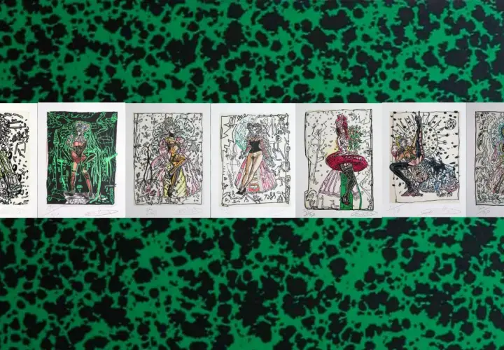 Série d'illustrations colorées de figures féminines stylisées, dans le style de cote robert combas, sur fond vert moucheté.