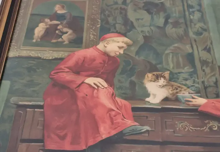 Un jeune chanoine moreau, en robe rouge, observe un chaton joueur. Derrière lui, un tableau représente une scène biblique.