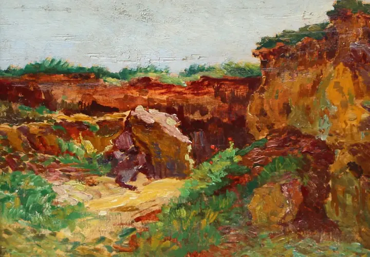 Paysage rocheux aux couleurs chaudes, évoquant une œuvre de Léo Gausson. La lumière joue sur les ocres et les verts.