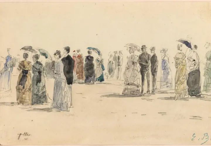 Esquisse d'une foule élégante, peut-être une scène de plage, dans le style du peintre Boudin. Des parasols protègent du soleil.