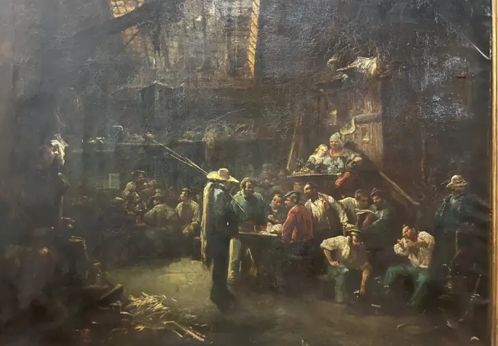 Une scène de taverne animée par Hippolyte Lazerges, où des hommes discutent et boivent dans une ambiance sombre et chaleureuse.