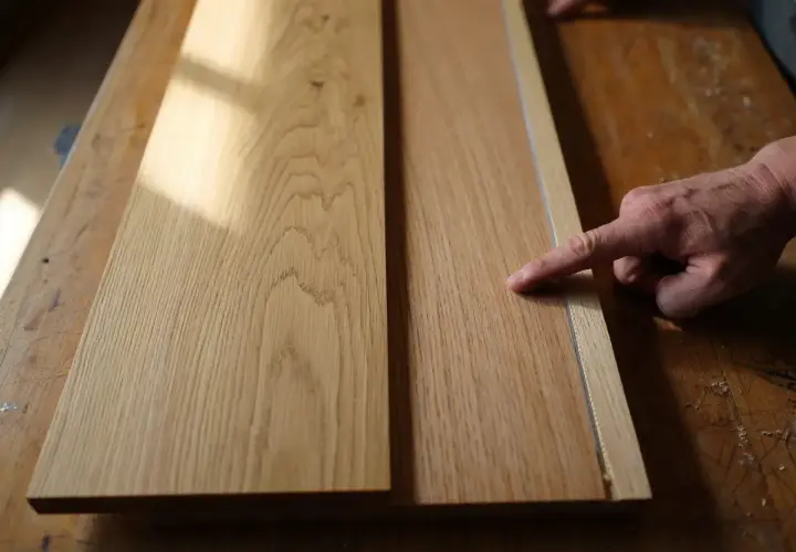 Main gauche pour reconnaître bois meuble. Deux planches de chêne sur un établi en bois, éclairées par la lumière du soleil.