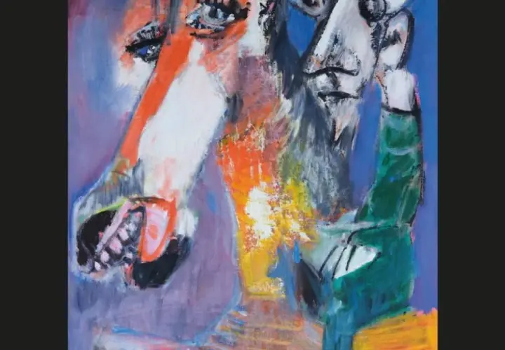 Portrait expressif d'un cheval et d'un homme, dans le style de Bernard Lorjou, aux couleurs vives et aux formes audacieuses.