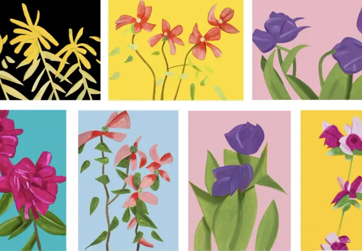Des fleurs stylisées dans le style de Alex Katz : jaunes sur fond noir, rouges sur fond jaune, violettes sur fond rose, roses sur fond bleu sarcelle, et roses et blanches sur fond jaune.