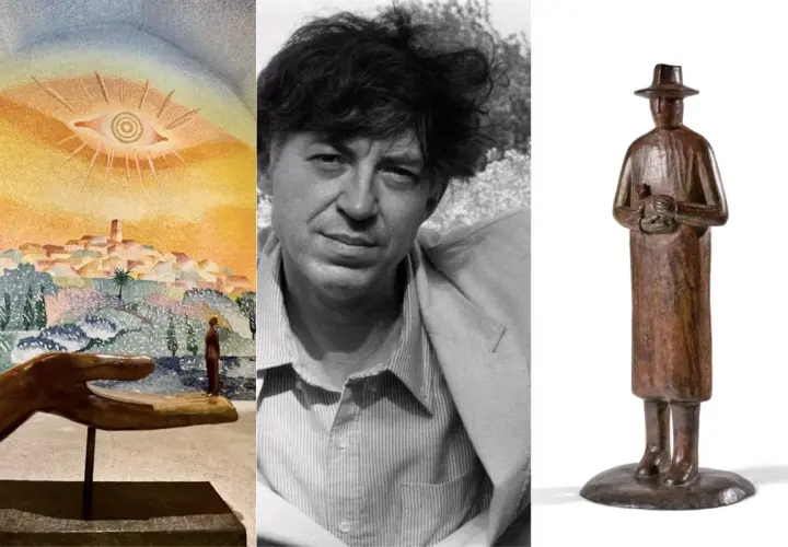 Trois éléments des œuvres d'art de Jean-Michel Folon : un paysage onirique, le portrait de l'artiste, et une sculpture d'un homme au chapeau.