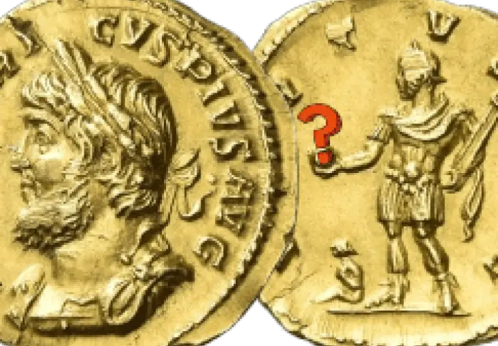 Deux pièces d'or antiques, l'une avec un profil impérial, l'autre avec une figure debout et un point d'interrogation rouge. Un meuble boule ?