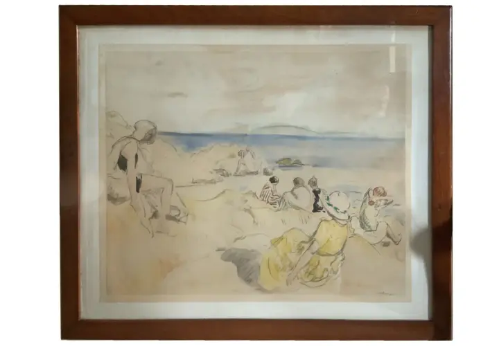 Aquarelle d'une plage avec des baigneurs, par Henri Lebasque.