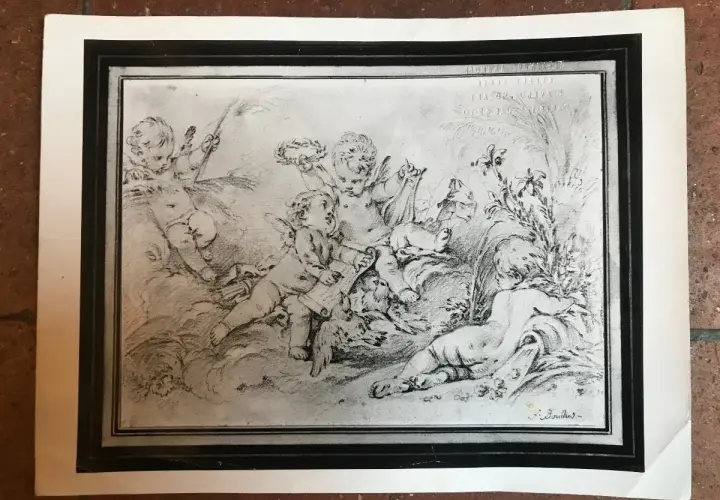 Esquisse de putti jouant, avec la signature du peintre Boucher.