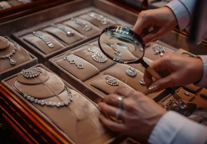 Un expert en pierre précieuse examine des colliers et pendentifs en diamants dans une vitrine.