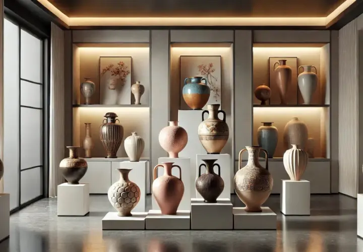 Collection de vases anciens, une **estimation vase** pour chaque pièce. Divers styles et textures, certains ornés de motifs complexes, d'autres plus sobres.
