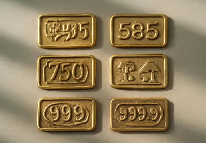 Six plaquettes dorées gravées de chiffres et symboles, dont un poinçon or 14 carats.