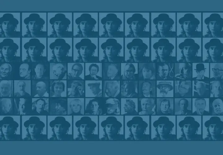 Mosaïque de portraits, dont plusieurs de Pierre Dmitrienko portant un chapeau.