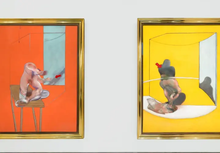Deux œuvres d'art de Francis Bacon. Figures humaines déformées dans des cages colorées, sur fond orange et jaune vif.