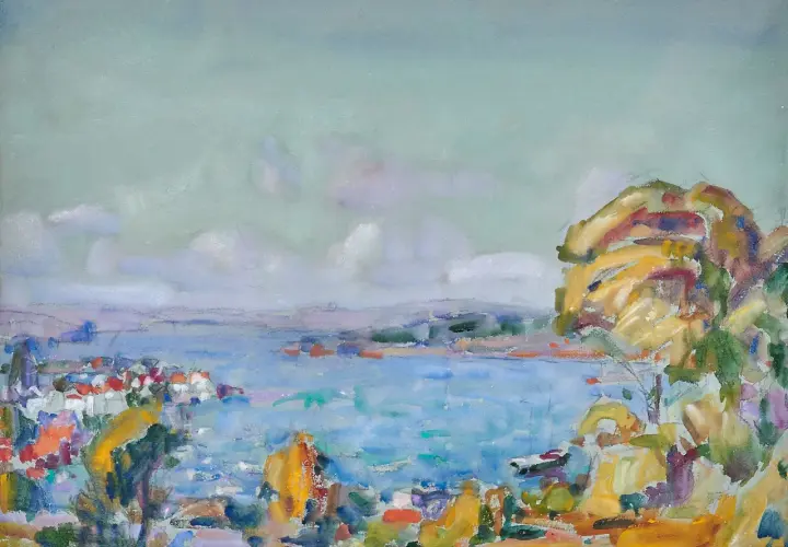 Peinture impressionniste d'une baie avec des maisons colorées et des rochers.