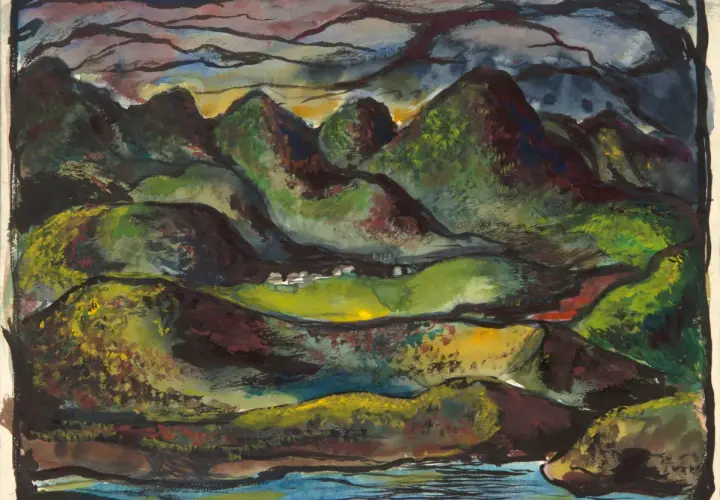 Paysage aux collines verdoyantes et sombres, sous un ciel orageux. Une touche de Richard Diebenkorn dans cette œuvre expressive.