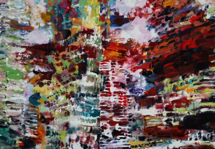 Abstraction vibrante aux touches de rouge, vert et blanc. Une œuvre qui pourrait bien valoir le philippe cognée prix.