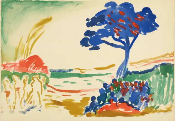 Scène estivale en **raoul dufy aquarelle**. Un arbre bleu domine, des silhouettes se rassemblent sous son feuillage rougeoyant.