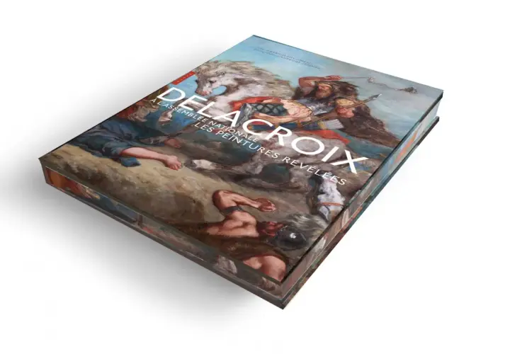 Livre "Delacroix à l'Assemblée Nationale : Les Peintures Révélées", présentant des œuvres d'art de Eugène Delacroix, avec une scène de bataille animée sur la couverture.