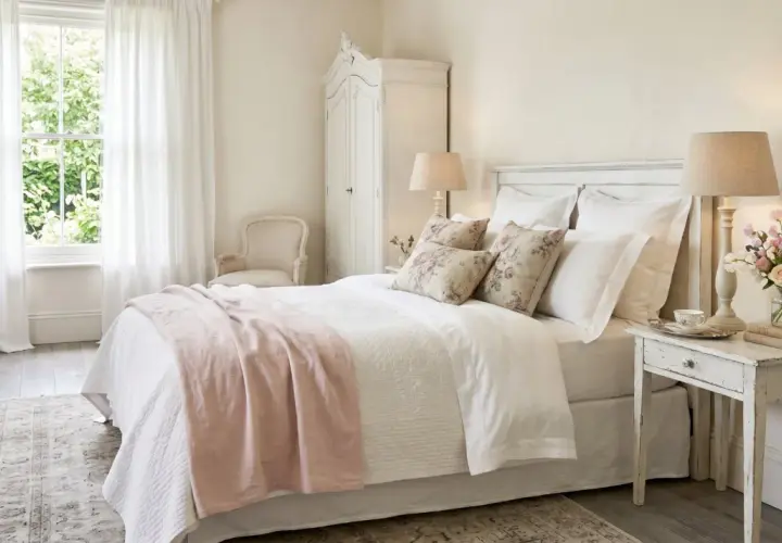 Chambre douillette au style shabby chic, avec un lit blanc, des coussins fleuris, une armoire ancienne et des rideaux légers.