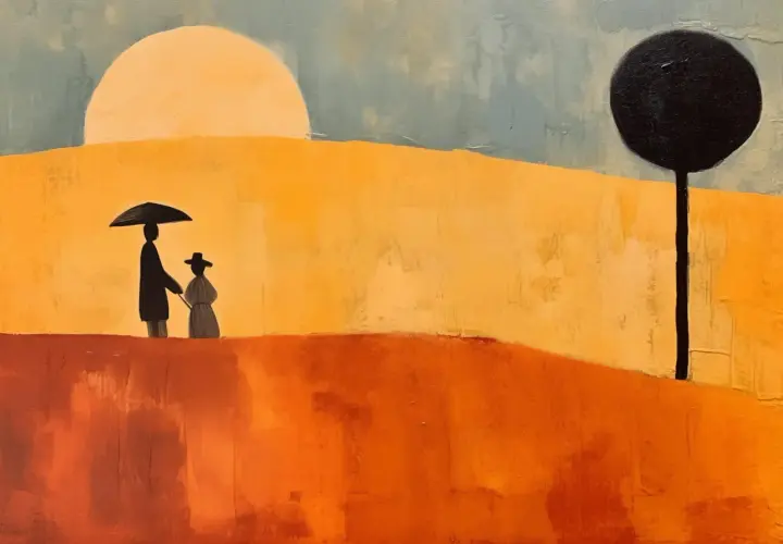 Deux silhouettes sous un parapluie, dans un paysage abstrait aux couleurs chaudes, évoquant l'univers de Milton Avery.