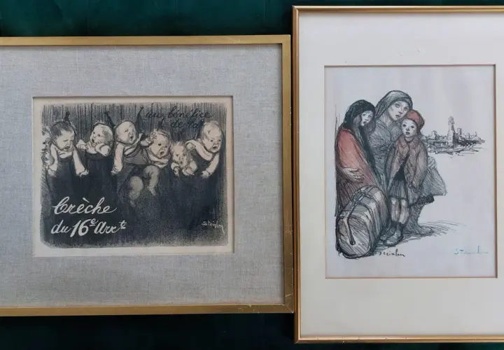 Deux œuvres de Steinlen : une crèche animée de bébés et une famille en détresse devant un paysage urbain.