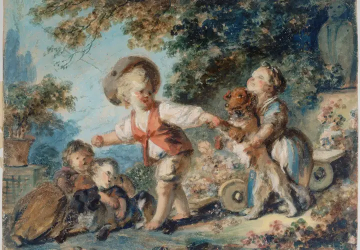 Enfants jouant avec un chien, un tableau de Fragonard. Le prix de ce tableau est estimé.