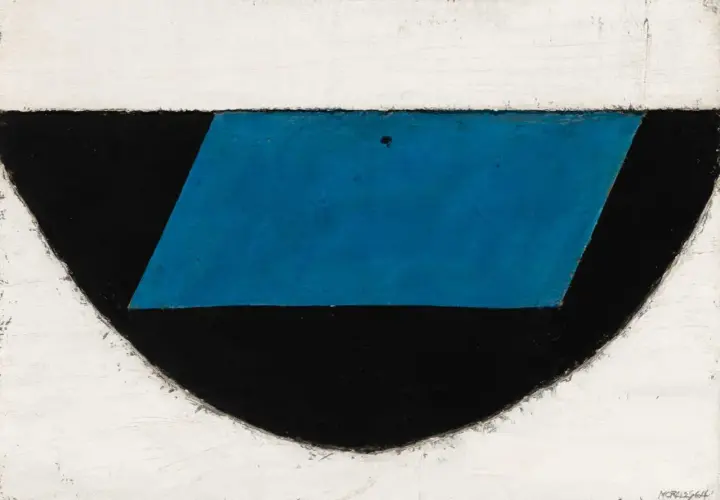Abstraction géométrique d'Armando Morales : un rectangle bleu sur fond noir, bordé de blanc.