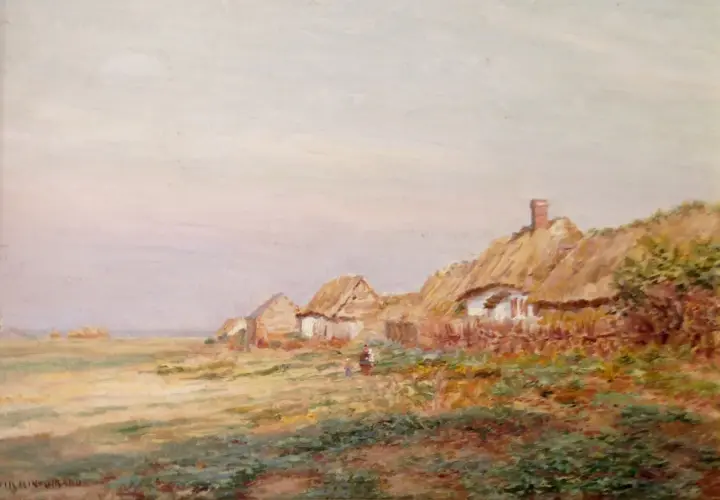 Paysage rural de Firmin Girard avec des chaumières au toit de chaume et des personnages.
