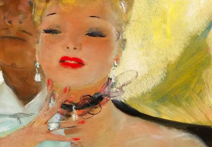 Un portrait sensuel par le peintre Domergue, une femme aux lèvres rouges et aux boucles d'oreilles scintillantes, caressée par une main masculine.