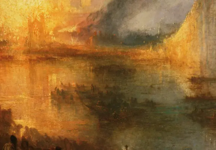 Œuvres d'art de Joseph Mallord William Turner : un paysage fluvial embrasé par un soleil couchant, avec des silhouettes sur la rive et des barques sur l'eau.