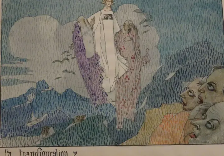 Gustave Adolphe Mossa dépeint une transfiguration céleste avec des figures éthérées flottant au-dessus de montagnes, tandis que des visages humains regardent d'en bas.
