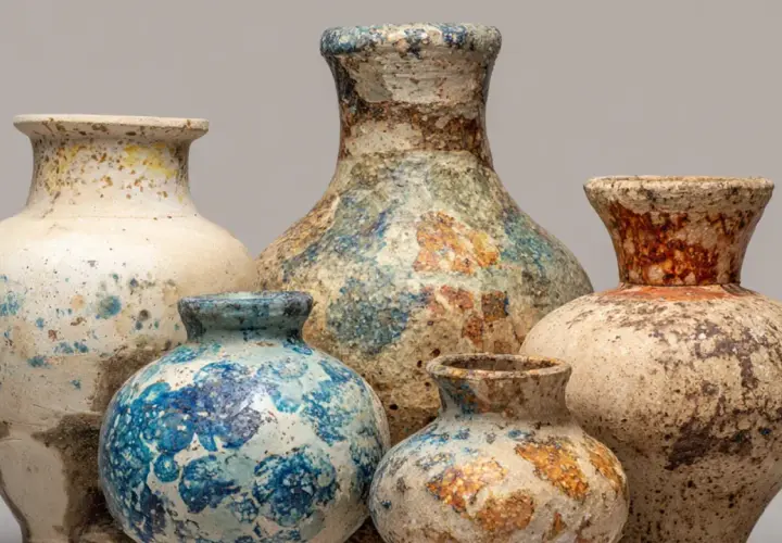 Cinq vases en céramique aux textures riches et aux couleurs terreuses, des pièces recherchées de Vallauris.