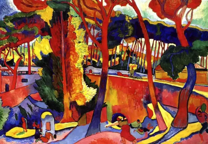 Paysage aux couleurs vives, un exemple de fauvisme déf. L'art exprime la nature avec des teintes audacieuses et non réalistes.