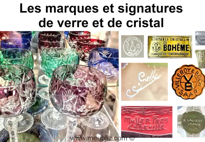 Verre et cristal colorés, avec des logos de marques comme Baccarat, Bohème, Villeroy & Boch, et une signature Daum.