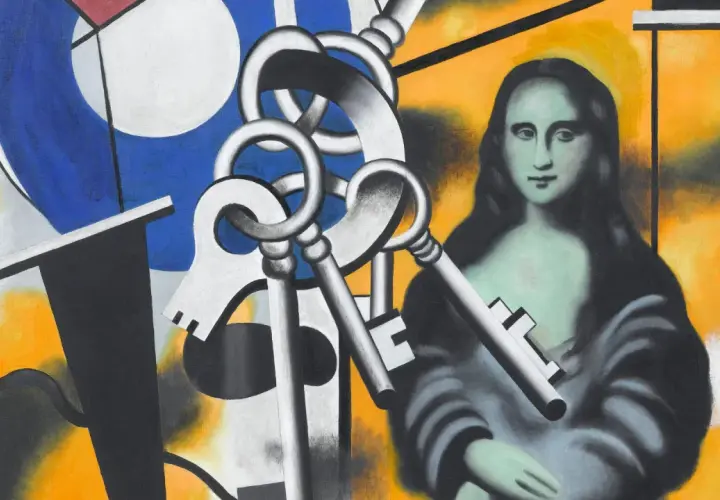 Œuvres d'art de Fernand Léger : une Mona Lisa stylisée, des clés argentées et des formes géométriques bleues et noires sur fond jaune.