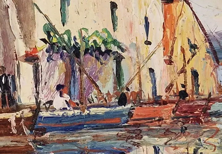 Peinture de Vincent Manago : un port animé avec des bateaux colorés et des silhouettes humaines.