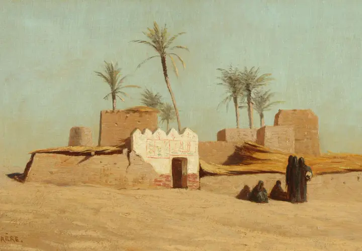 Un village ocre sous le ciel bleu, avec des palmiers et des silhouettes voilées. Une œuvre de Théodore Frère.