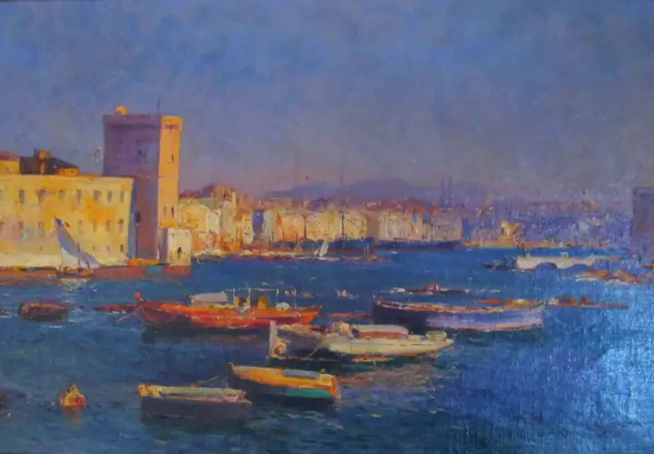 Peinture d'un port avec des bateaux et un fort au soleil.