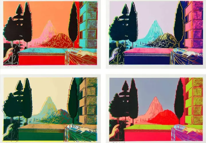 Quatre sérigraphies d'Andy Warhol, représentant un paysage stylisé avec des cyprès, des montagnes et une main tenant un drap, dans des palettes de couleurs vives et contrastées.